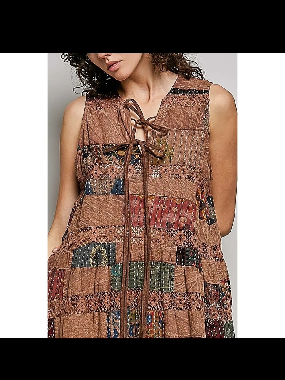 POL Brown Patchwork Maxi Dress with Multicolor Accents